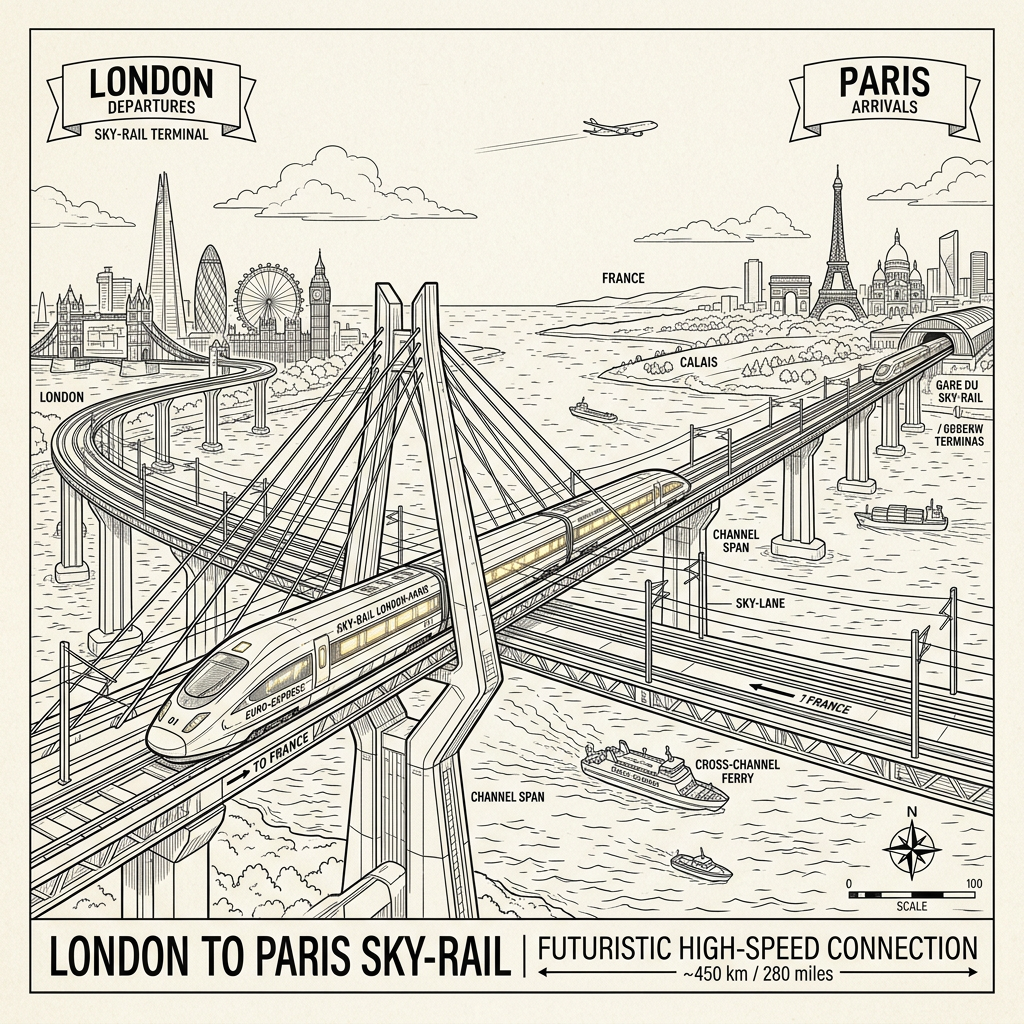 High-speed Sky-Rail train crossing a suspension bridge from London to Paris over the channel