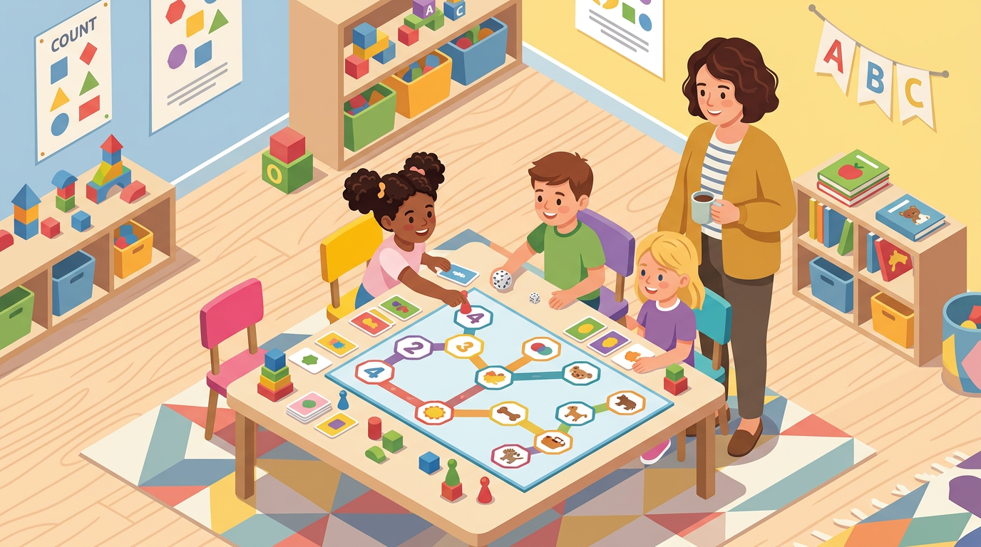 Three children sitting around a table playing a board game with cards and dice, teacher standing nearby holding a cup