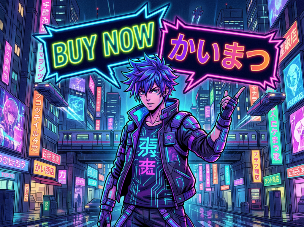 Cyberpunk character pointing at neon signs that say Buy Now and かいまつ in a futuristic cityscape at night.